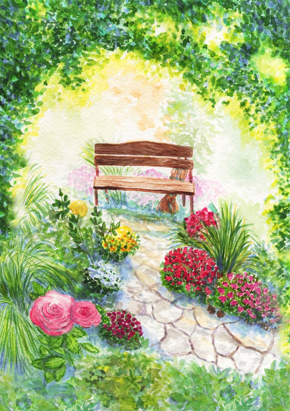 Watercolor postcard garden landscape