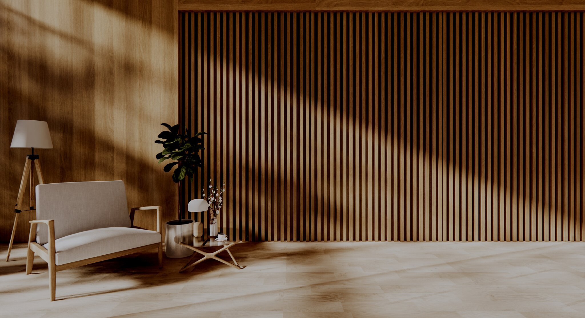 3D Render of a Rustic Minimalist Living Room